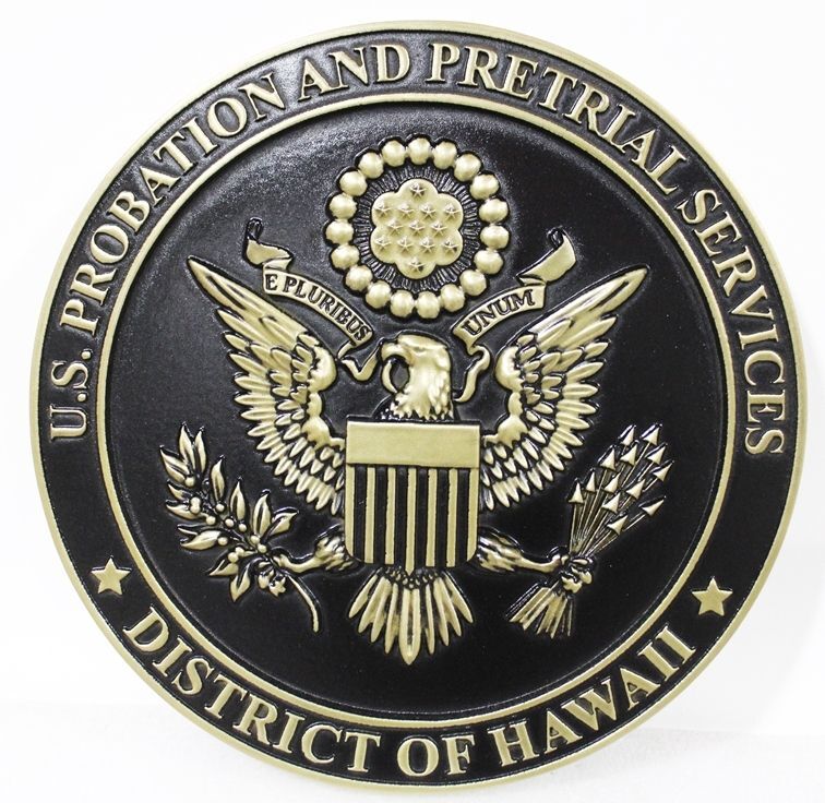 FP-1536 - Carved 3-D Brass=Plated HDU Plaque,Seal of the US Probation and Pretrial Service Office,  District of Hawaii 