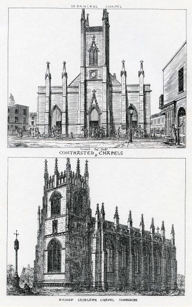 Contrasted chapels, United Kingdom, Augustus Welby Northmore Pugin, 1836, perspective of exteriors, from Augustus Welby Northmore Pugin, Contrasts, 2nd ed (London, 1841)