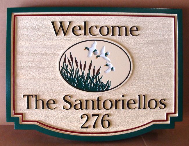 I18508 - Welcome to our Residence Name and Address Sign, with 3-D Carved Scene of Ducks Flying and Bullrushes