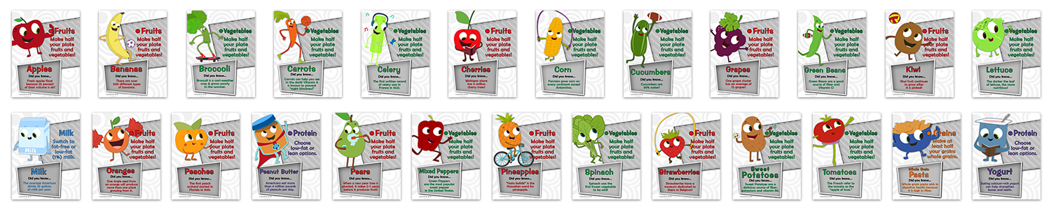 Display of 25 food fact inserts for Eat Your Colors nutrition education, cartoon character for each food item