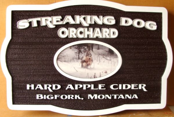 024504 – Carved Property Sign for “Streaking Dog Orchard”, with Photo of Dog in Snow