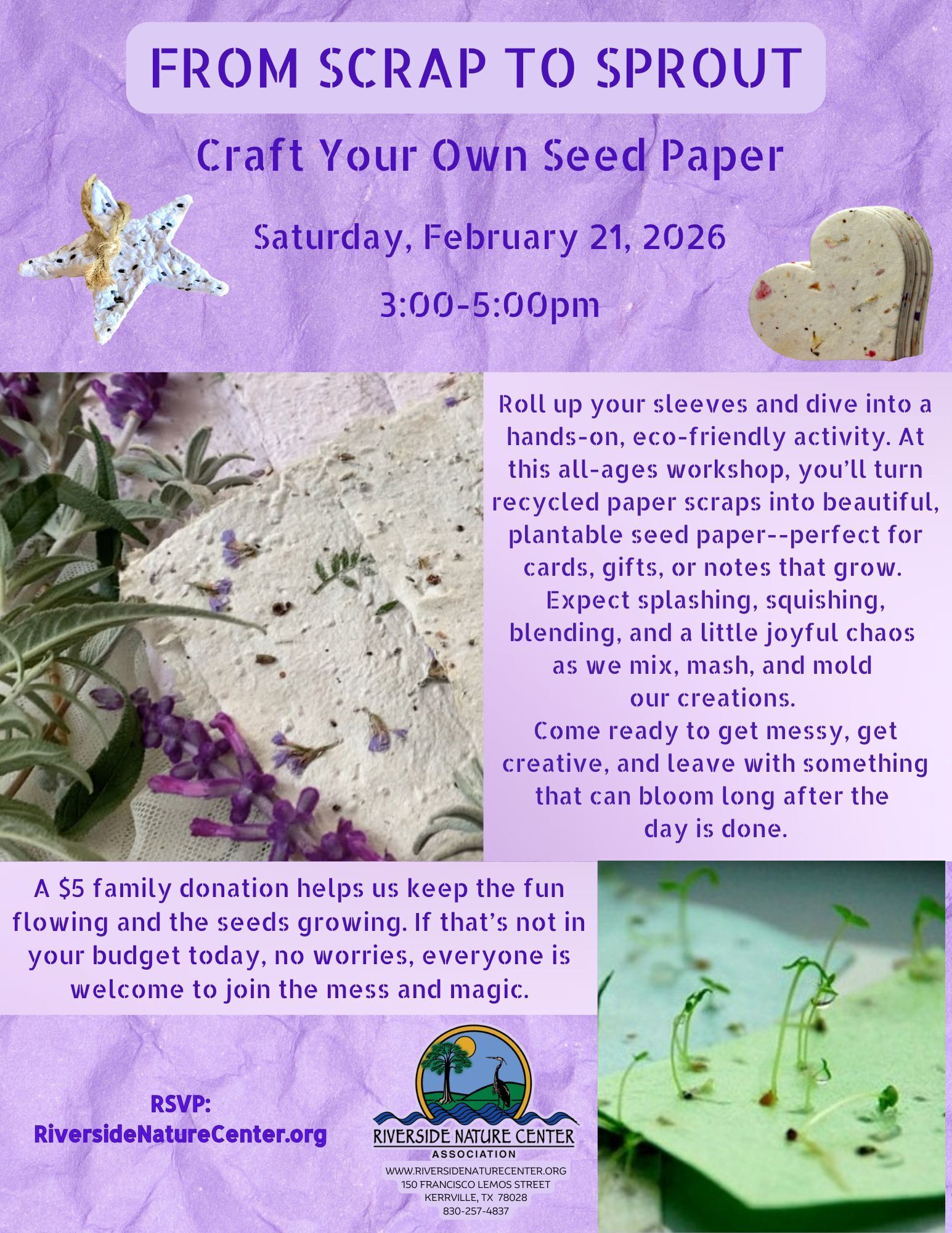 Riverside Nature Center, Kerrville, Nature lover, Annual Membership Meeting, From Scrap to Sprout: Craft Your Own Seed Paper, crafting in Kerville, Kerrville Events, creatives 