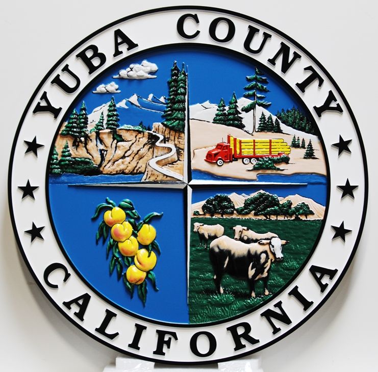 CP-1820 - Carved Plaque of the Seal of Yuba County, California, 3-D Artist-Painted