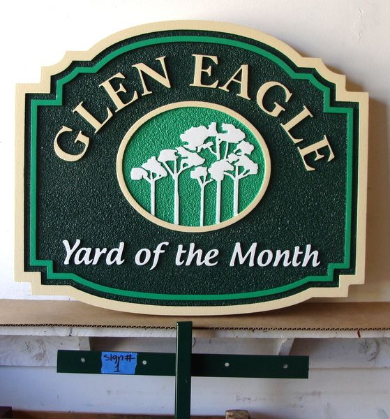 KA20946 -  Carved HDU the "Glen Eagle"  Home Owners' Association Yard-of-the-Month Sign with Iron Stake Sign Post