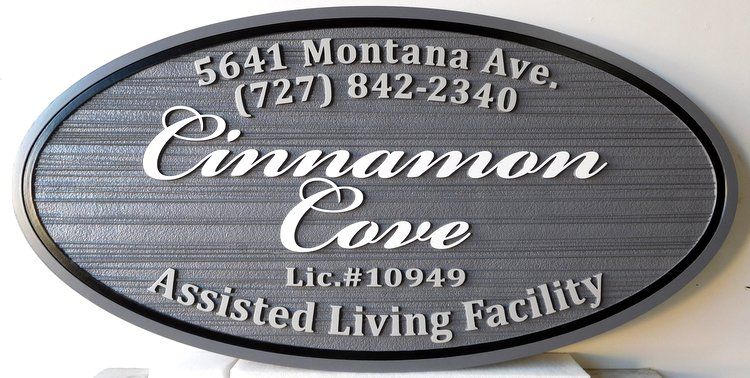 K20210 - Sandblasted HDU Entrance Sign to "Cinnamon Cove" Assisted-Living Residential Community 