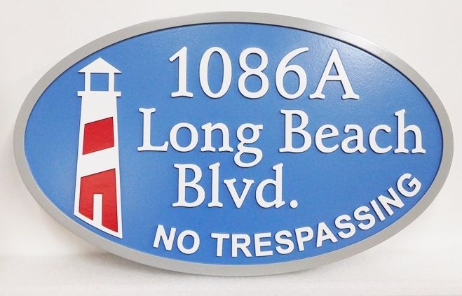 L21425 - Carved 2.5-D HDU Coastal Residence Address Entrance Sign  featuring  a Stylized  Lighthouse.