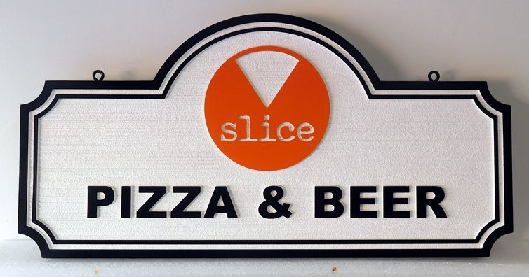 Q25342 - Carved, HDU Sign For Pizza and Beer Restaurant with Artwork of Pizza Slice