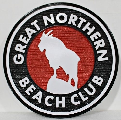 L21954 - Carved and Sandblasted HDU Sign for "Great Northern Beach Club" with Mountain Goat for Artwork