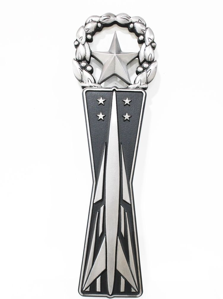 LP-1222 - Carved 3-D Bas-Relief Aluminum-Plated HDU Plaque of  Insignia with Missile, Star,and  Single  Wreath 