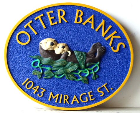 L21675 - Seashore Home Carved Wood Property Sign "Otter Banks", with Otters Feeding in Kelp Bed 