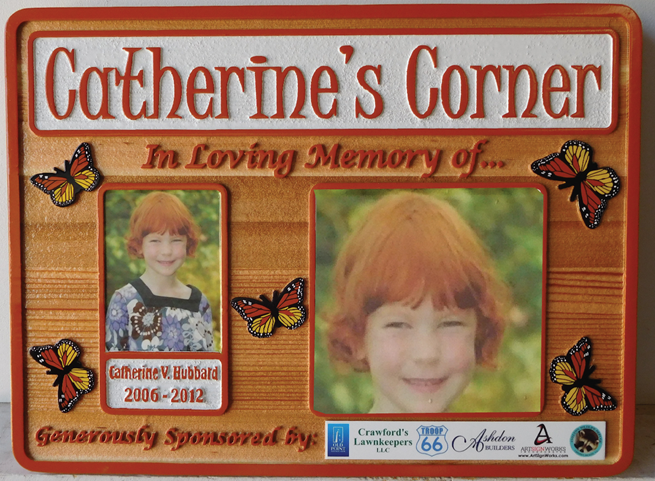 N23019 - Carved  Cedar Memorial  Wall Plaque  "Catherine's Corner" Features   Printed Giclee Photos and Painted Butterflies.