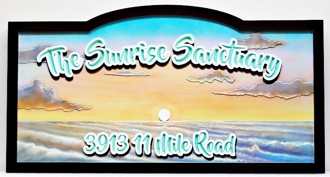 L21212A - Carved and Sandblasted 2.5-D Multi-level Relief HDU Beach House Name and Address Sign for "The Sunrise Sanctuary"