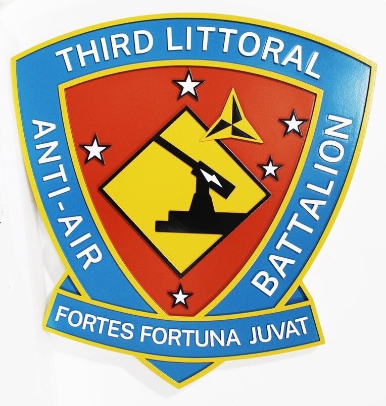 MP-2088 - Carved 2.5-D Multi-level Raised Relief  HDU Plaque of the Crest of the Third Littoral Anti-Air Battalion,  "Fortes Fortuna Juvat"