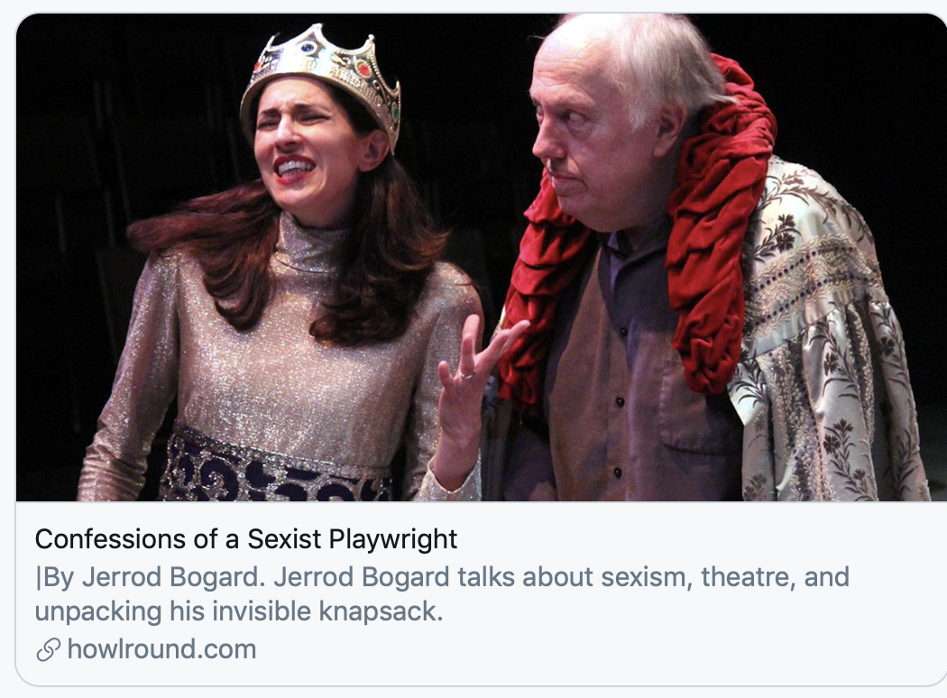A picture of two people who are wearing medieval costumes, Also, there is a title that reads, "Confessions of a Sexist Playwright.”