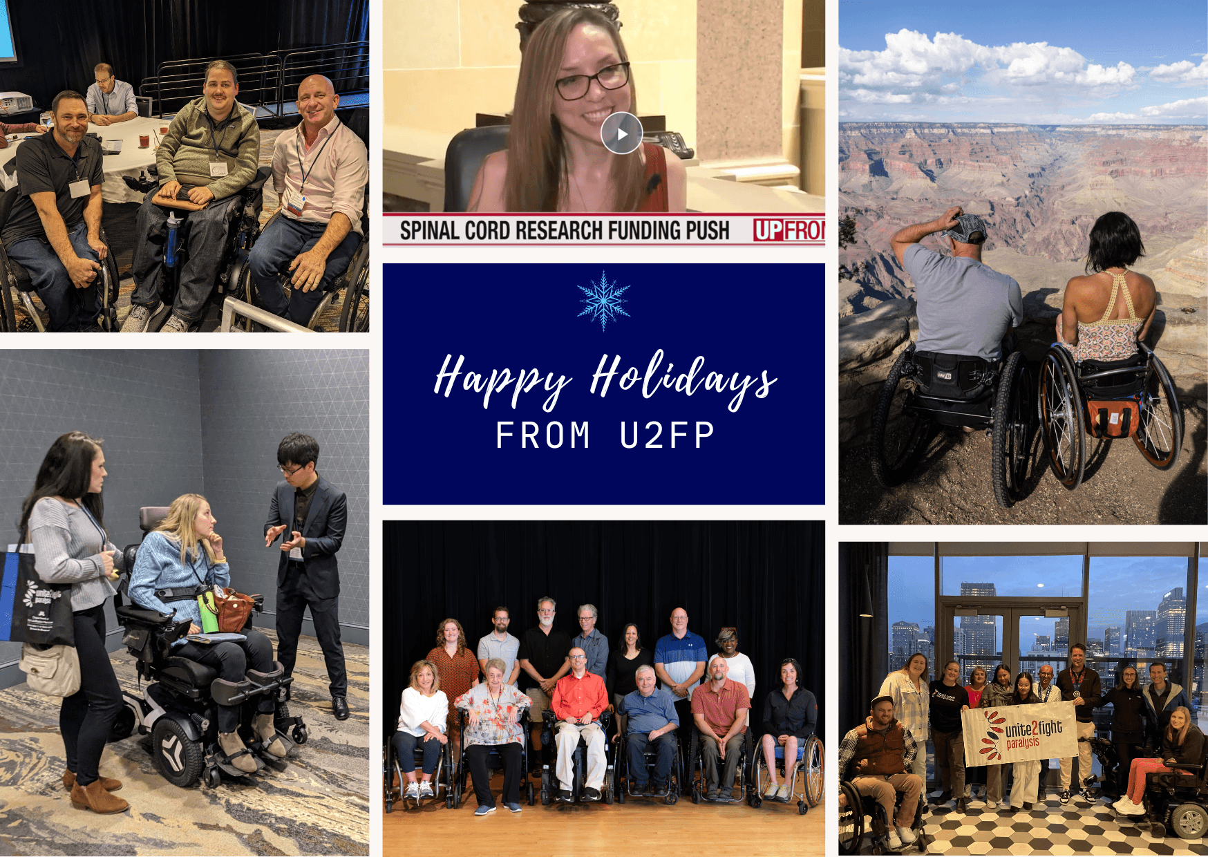 collage of people in wheelchairs within a Happy Holidays graphic