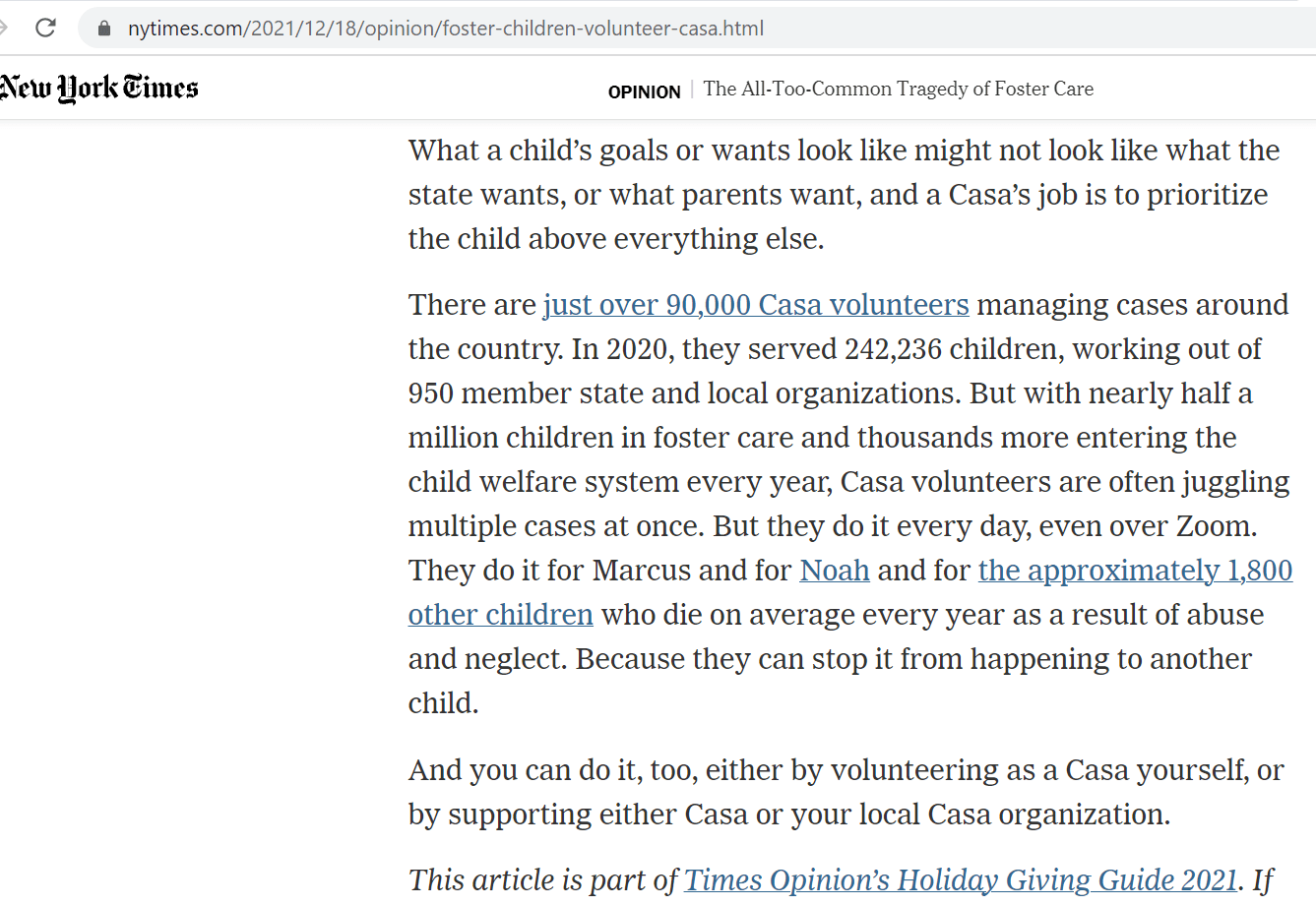 How CASA volunteers help address "the all-too-common tragedy of foster care"--CASA included on New York Times Holiday Giving Guide 2021