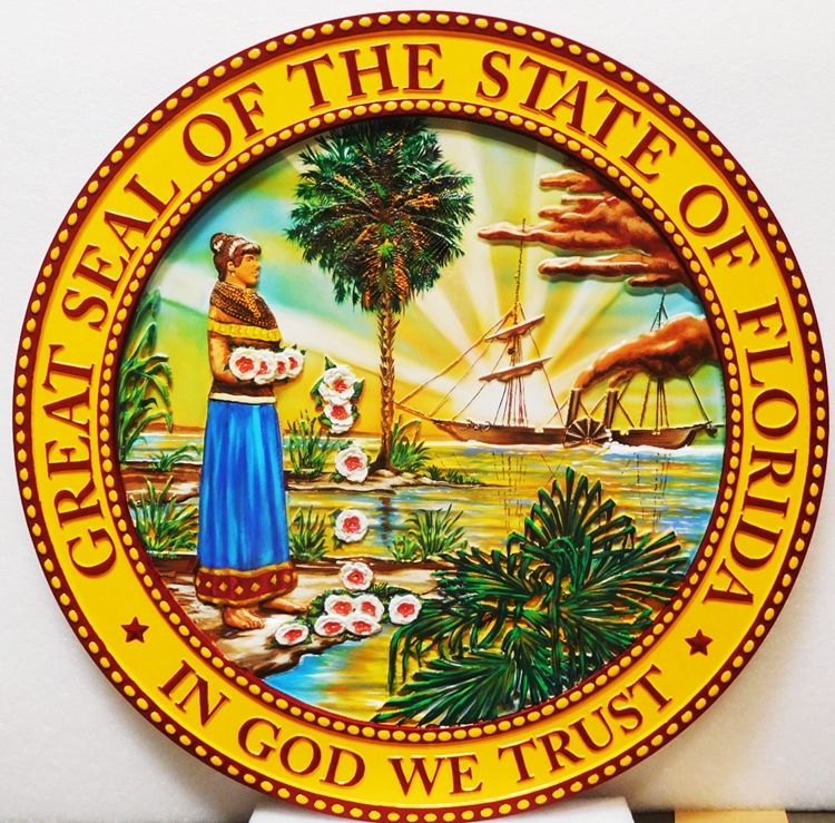 BP-1117- Carved Plaque of the Seal of the State of Florida, -D Artist-Painted Full Colors