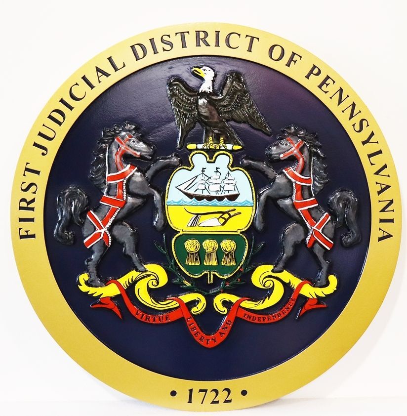 GP- 1380 - Carved 3-D Bas-Relief Artist-Painted Plaque pof the Seal of the First Judicial District, Pennsylvania