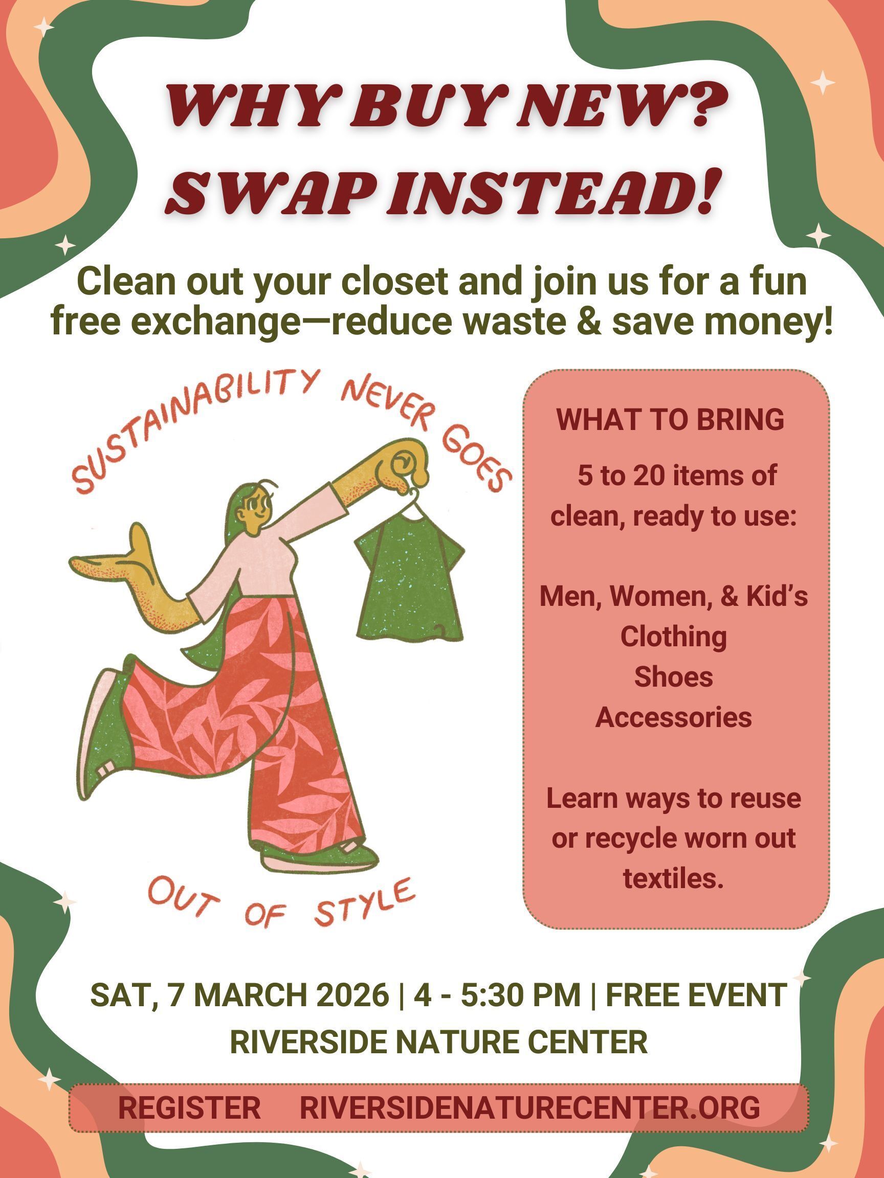 Clothing swap, Kerrville Texas, closet clean out, Nature, Science, sustainability, Riverside Nature Center, recycle, save money, thrifting in Kerrville
