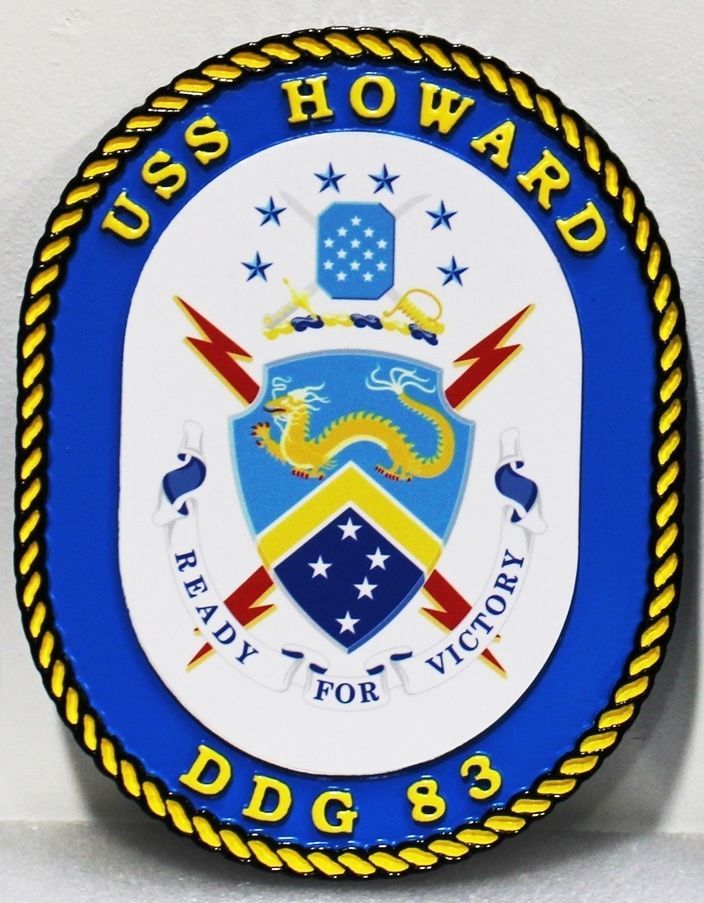 JP-1305 -  Carved 2.5-D HDU Plaque of the Crest of the USS Howard, DDG 83, US Navy Destroyer