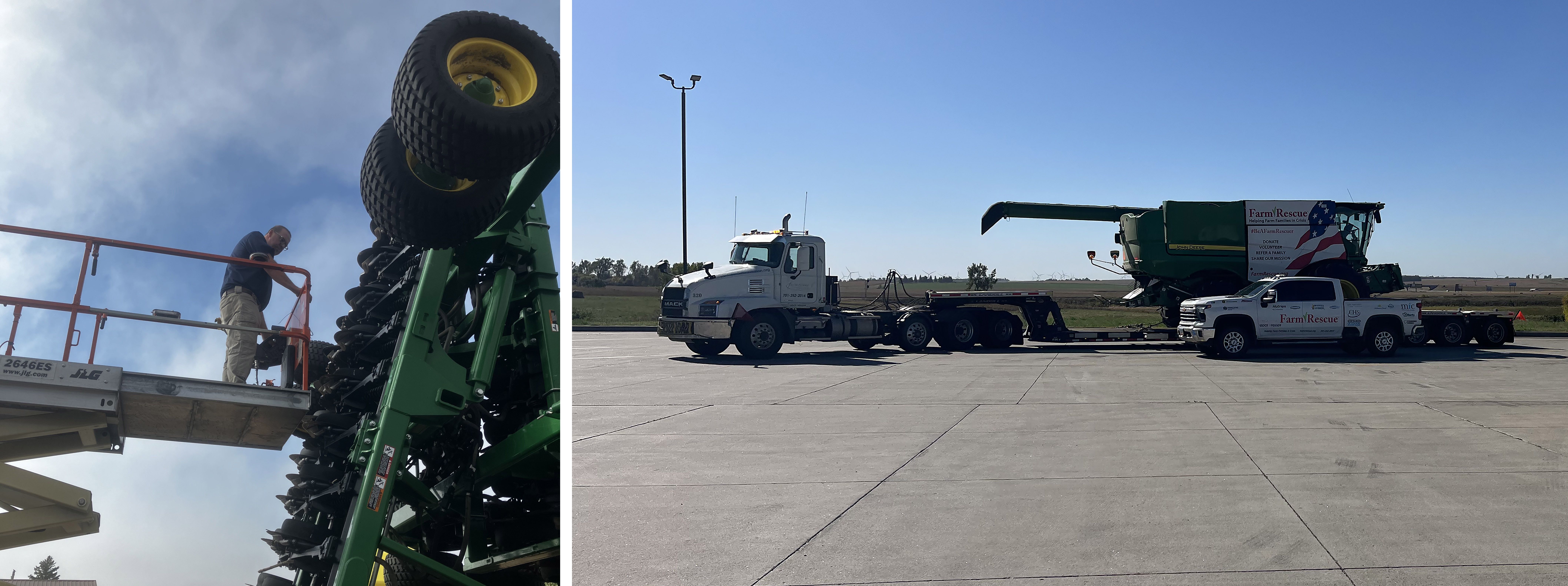 A man in a scissor lift works on an air seeder that plants crops. A Farm Rescue semi truck is hooked to a trailer and there is a Farm Rescue combine loaded on the trailer. There is a Farm Rescue pickup parked beside the trailer.