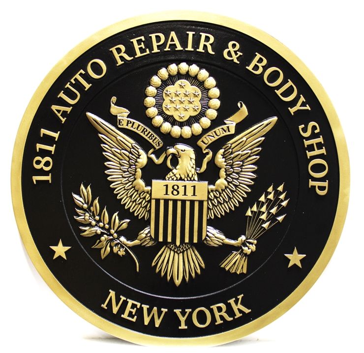 SA28835 - Carved 3-D Bas-relief HDU Sign  for the "1811 Auto Repair and Body Shop" , with US Great Seal as Artwork 