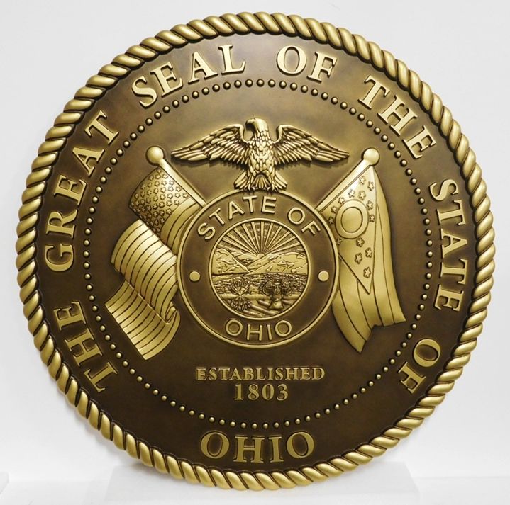 BP-1435 - Great Seal of the State of Ohio with Flags, 3-D Relief, Bronze-Plated Hand-Rubbed with Dark Bronze Patina