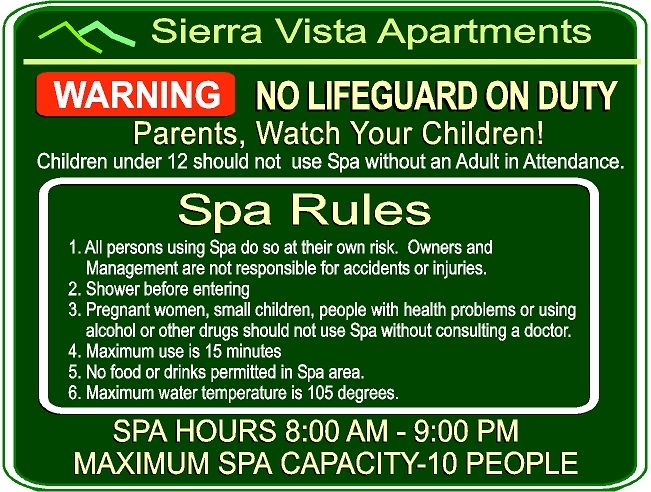GB16330 -  Carved and Engraved High-Density-Urethane (HDU)  Spa Rules Sign was made for the Sierra Vista Apartments