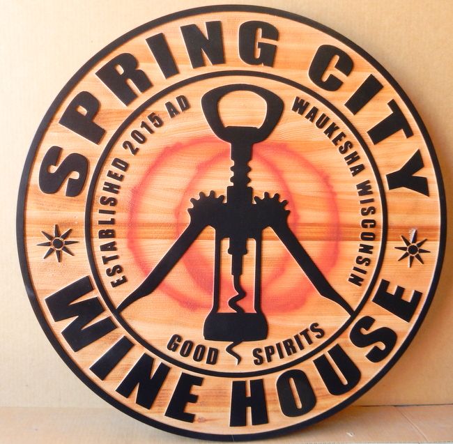 R27354 - Round Cedar Spring City Winehouse Sign, with Raised Text and Corkscrew