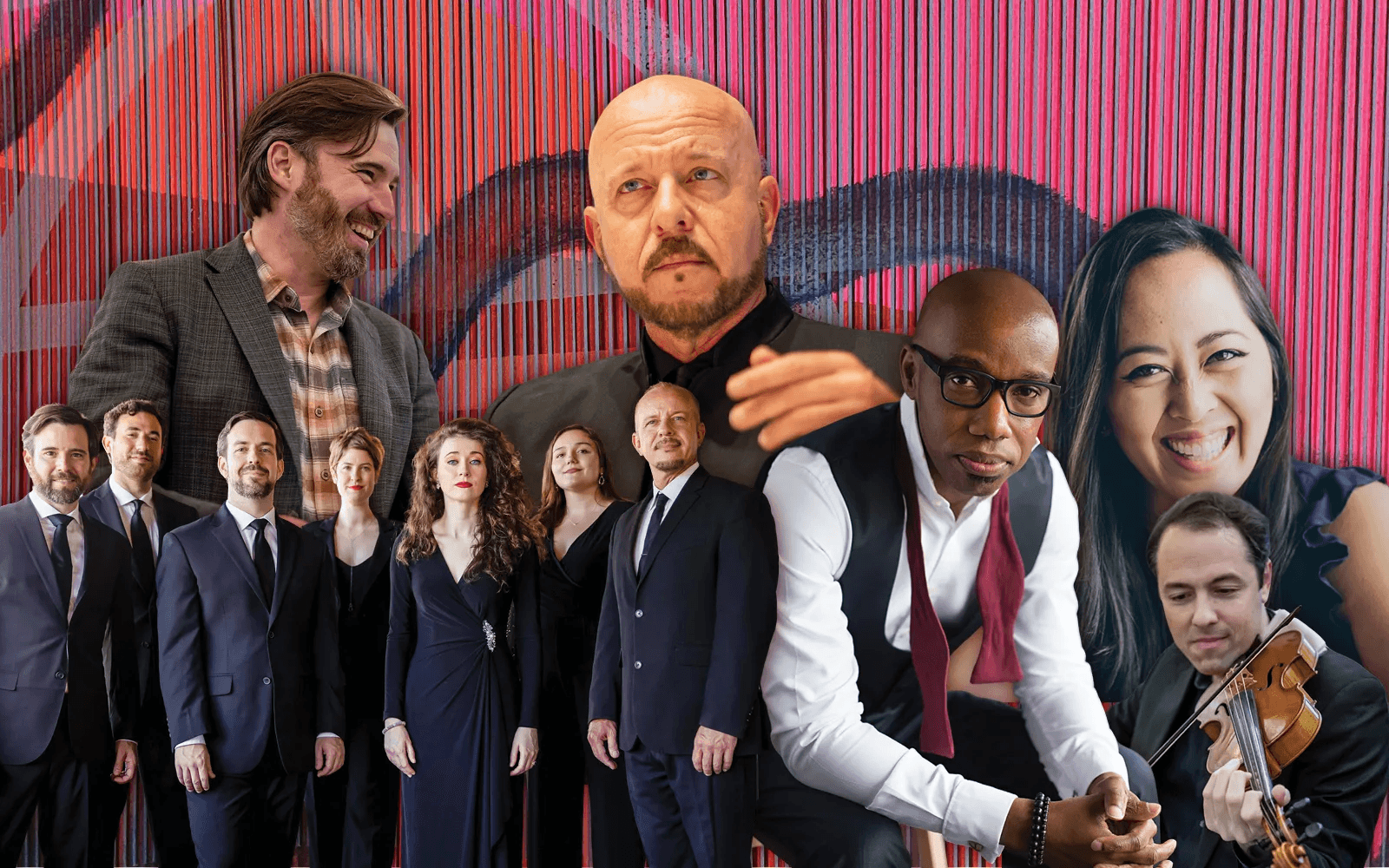 Seraphic Fire artists and conductors are pictured in front of a decorative striped pink background.