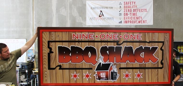 Q25038- Carved 2.5-D Raised Relief HDU Sign  for the BBQ Shack Restaurant, with Painted Faux Wood Grain Texture