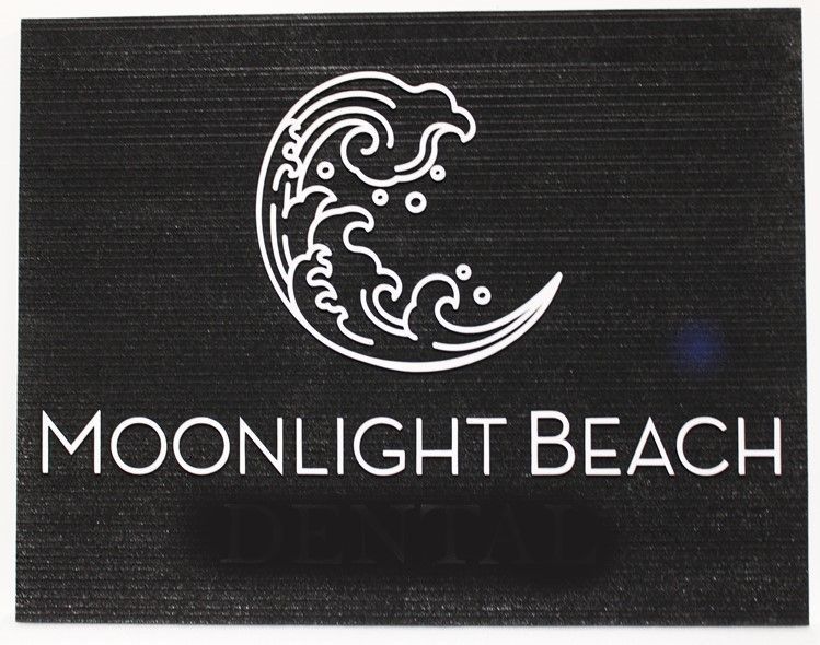 L21245 - Carved HDU  Beach  Sign, "Moonlight Beach” , with Stylized Breaking Surf