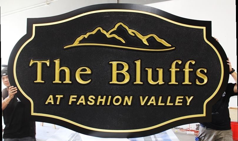 K20351 - Engraved  HDU Entrance Sign for the "The Bluffs at Fashion Valley" ., with 24K Gold-leaf Gilded Text, Border, and Artwork, a Stylized Mountain Range