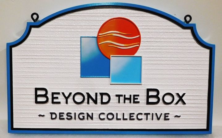 SA28351 - Carved and Sandblasted Wood Grain HDU Sign for "Beyond the Box - Design Collective ", 2.5-D Artist-Painted