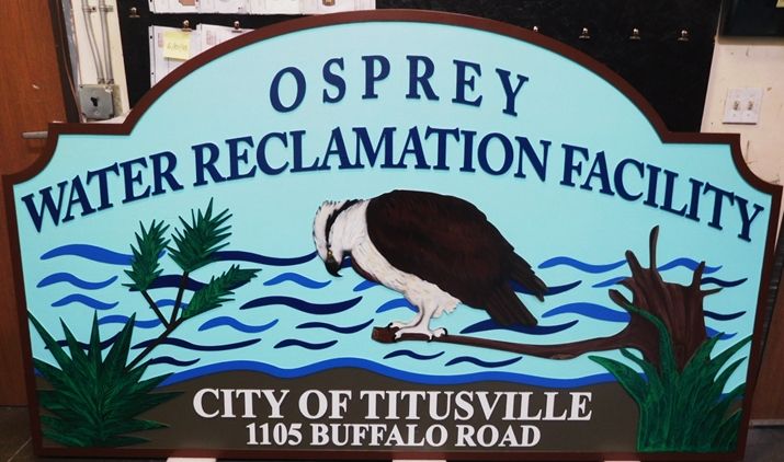 G16326 - Large Carved and Sandblasted Wood Grain Entrance and Address Sign for the Osprey Water Reclamation Facility