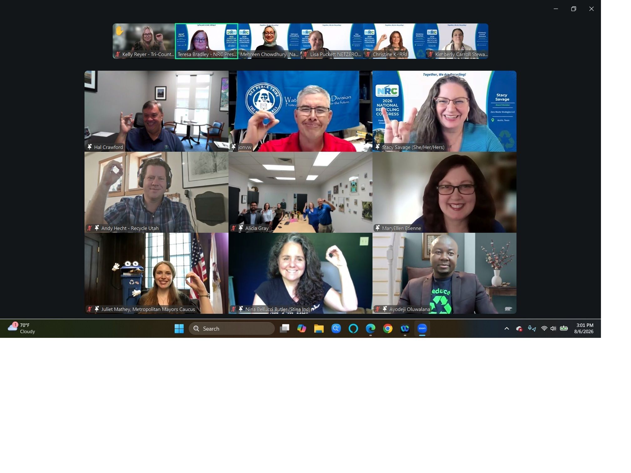 Award recipients of the 2026 National Recycling Congress gathered in a virtual group photo.