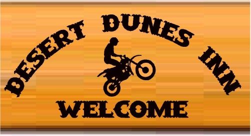 T29112- Carved  Cedar Wood  Sign for the "carved Cedar wood  sign for the "Desert Dunes Inn"., with Dirt Bike Doing a Wheely as Artwork 