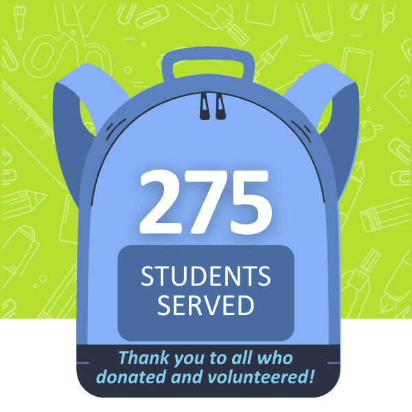 Illustration of blue backpack, text "273 students served, thank you to all who donated and volunteered."