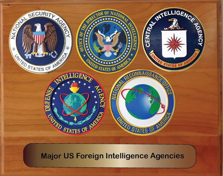 IP-1420 -  Redwood Plaque with Five Giclee Printed Seals of Five Intelligence Agencies