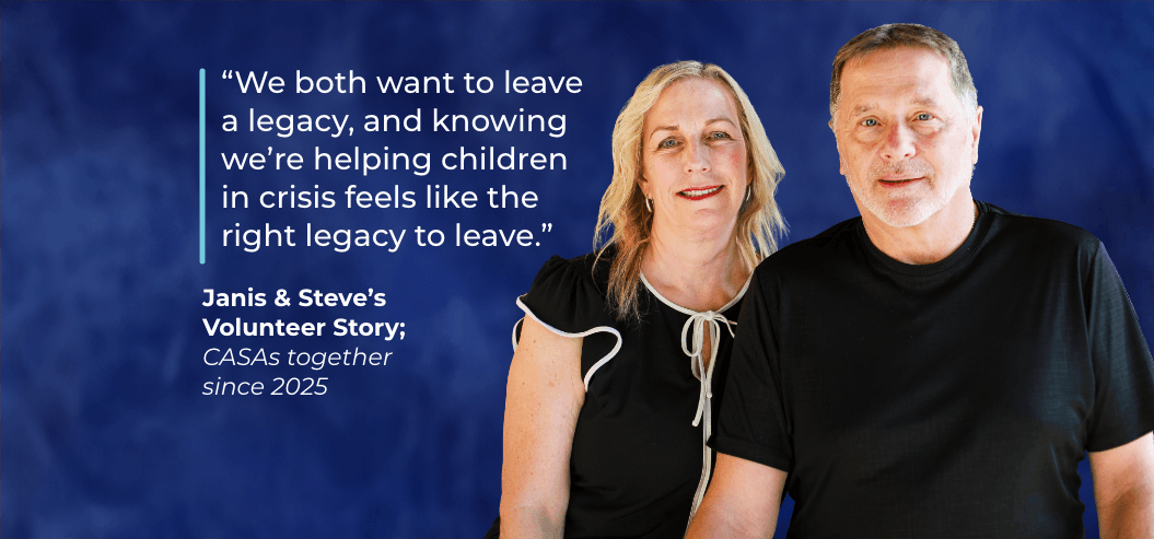 Man and woman together against blue background with testimonial: “We both want to leave a legacy, and knowing we’re helping children in crisis feels like the right legacy to leave.”