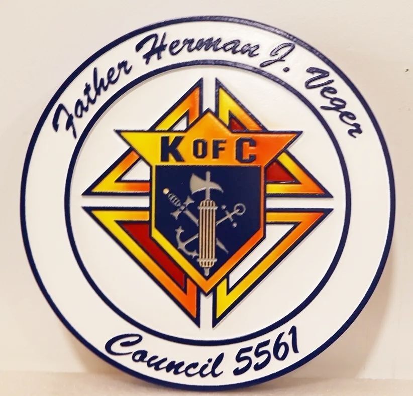 UP-1143- Carved Wall Plaque of the Emblem / Badge  of Knights of Columbus,  Artist Painted (version 2)