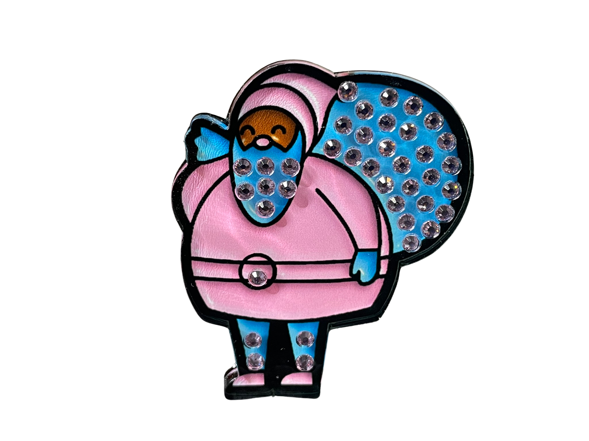 Rhinestone Pink Santa with Blue Bag Acrylic Pin