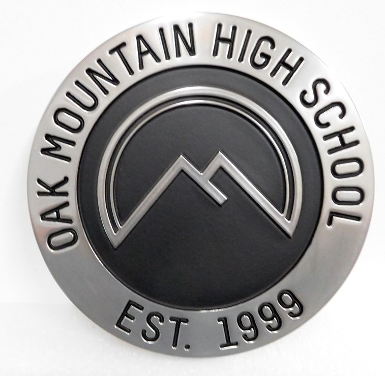 Y34725 - Carved Round wall plaque of the Seal of the Oak Mountain High School, Aluminum Coated with Black Patina ,