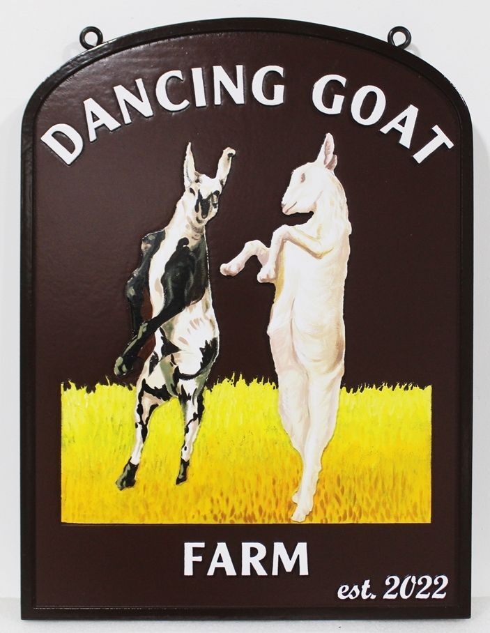 O24423 - Carved 2.5-d HDU  entrance sign for the "Dancing Goat Farm" .