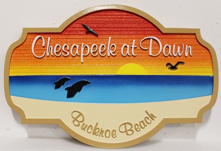 L21234 - Carved and Sandblasted 2.5-D Multi-level relief HDU Beach House Name Sign "Chesapeake at Dawn", with Rising Sun over Ocean Dolphins, and Beach as Artwork