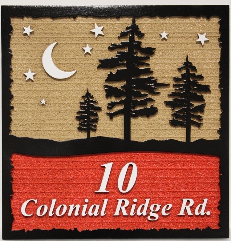 M22052 - Carved 2.5-D  Relief Sandblasted Wood Grain HDU Residence  Address Sign, with Pine Trees Viewed against a Night Sky and Moon and Stars as Artwork 
