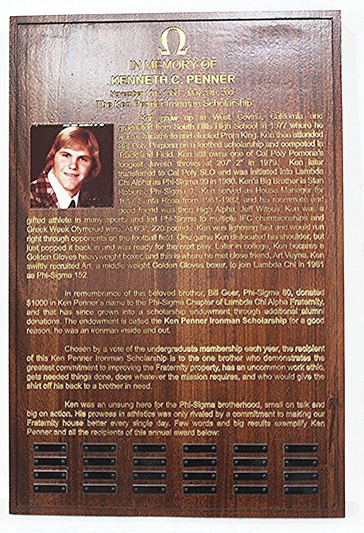 ZP-4030 - Carved Mahogany Scholarship Plaque for Lambda Chi Alpha College Fraternity, Dedicated to  Kenneth C. Penner