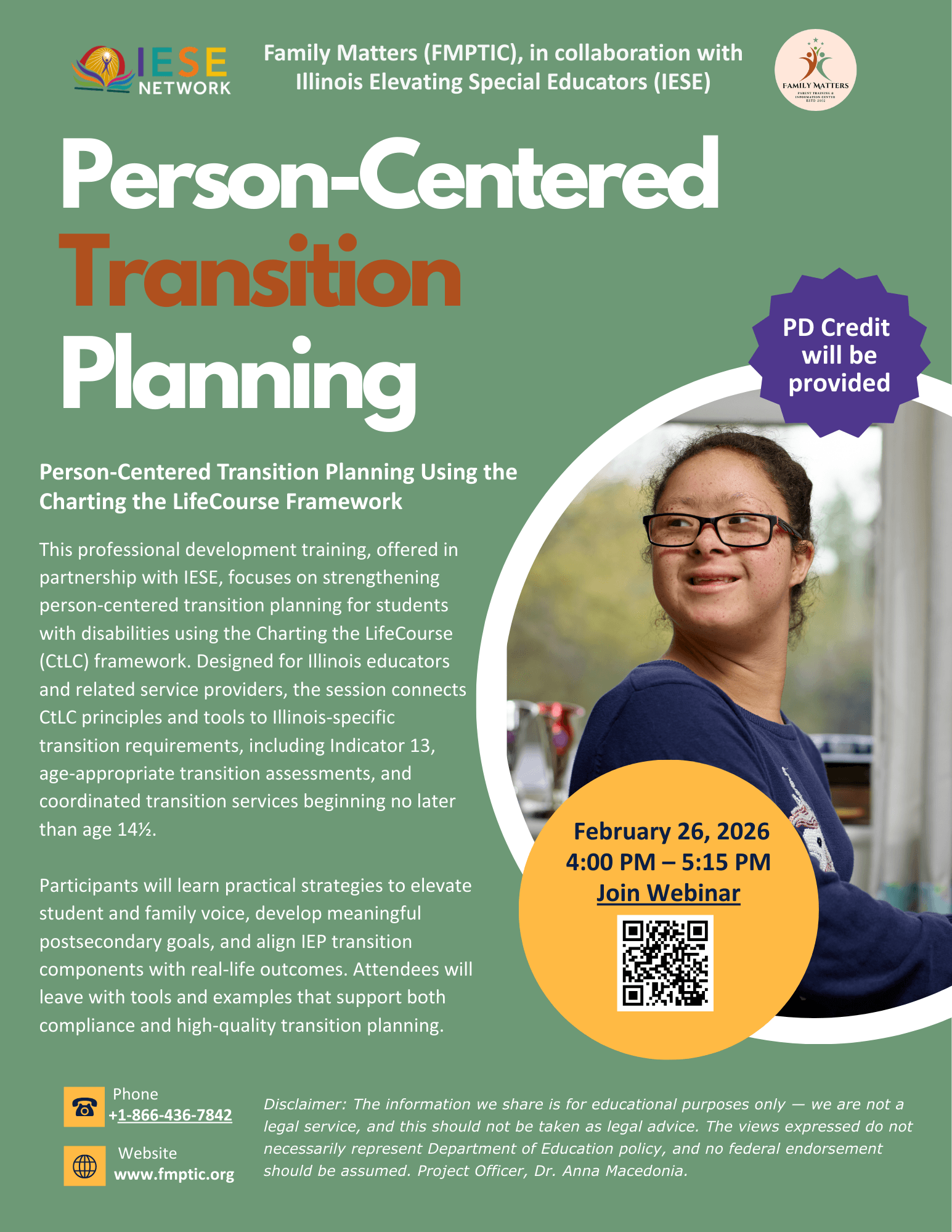 Flyer titled “Person-Centered Transition Planning,” presented by Family Matters (FMPTIC) in collaboration with Illinois Elevating Special Educators (IESE). The flyer promotes a professional development webinar on using the Charting the LifeCourse framewor
