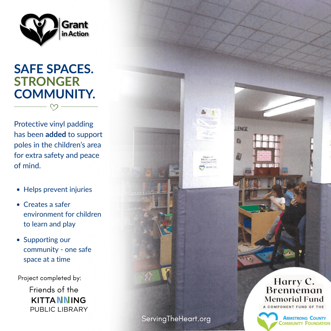 Children's area at Kittanning Public Library featuring support poles covered in protective vinyl padding to improve safety for young visitor
