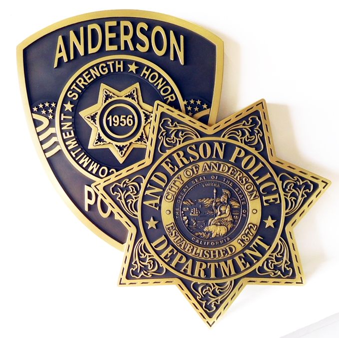 PP-1905 - Carved Plaque of the Star Badge and Shoulder Patch of the Police Department, City of Anderson, California